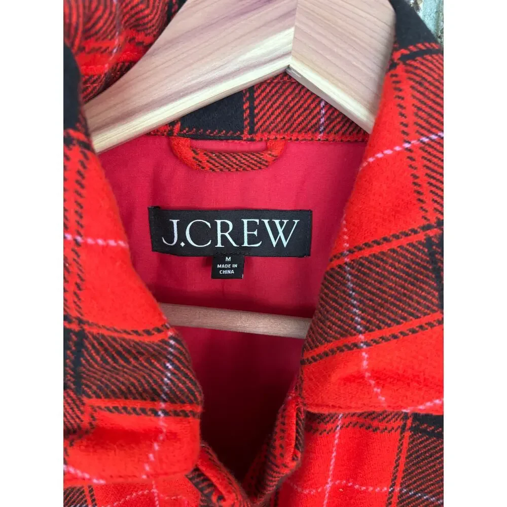 J.Crew Crop Puffer Jacket M Red Buffalo Check Plaid BV699 Black Western Prep